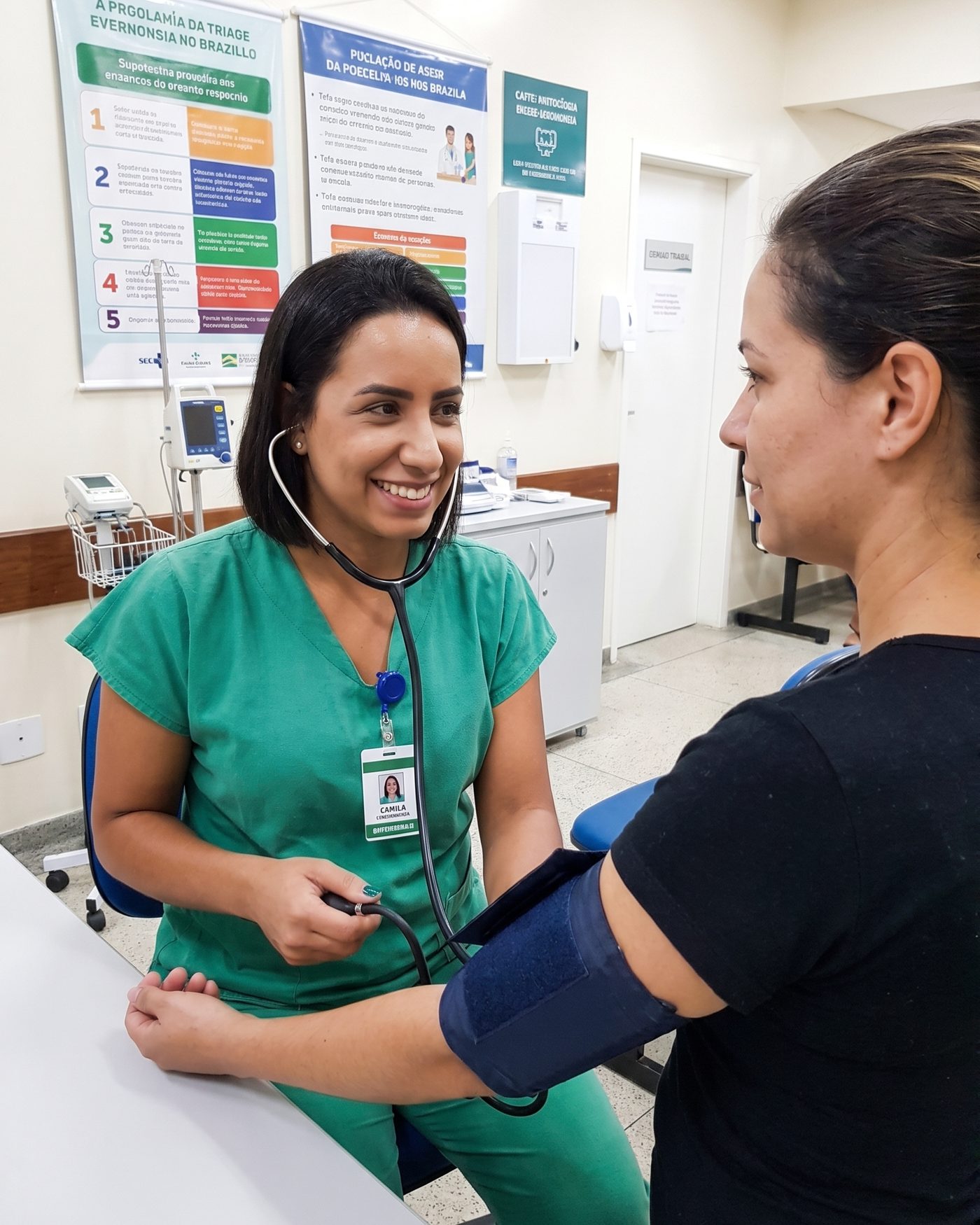 Camila Cardoso aferindo a pressão de uma paciente na triagem